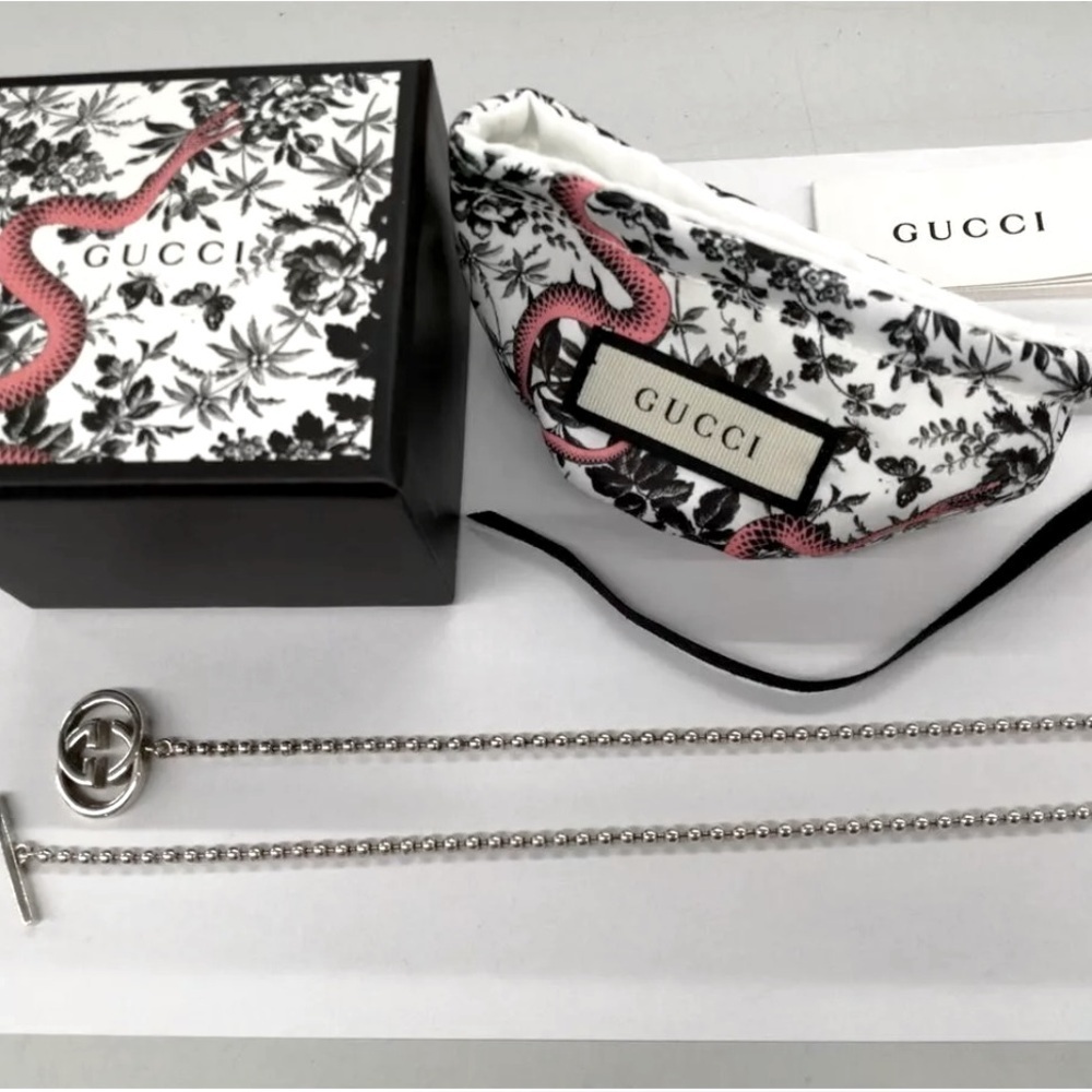 Gucci GG Logo Interlocking 925 Silver Ballchain Necklace , box/Dustbag/Pamphlet - Picture 2 of 15